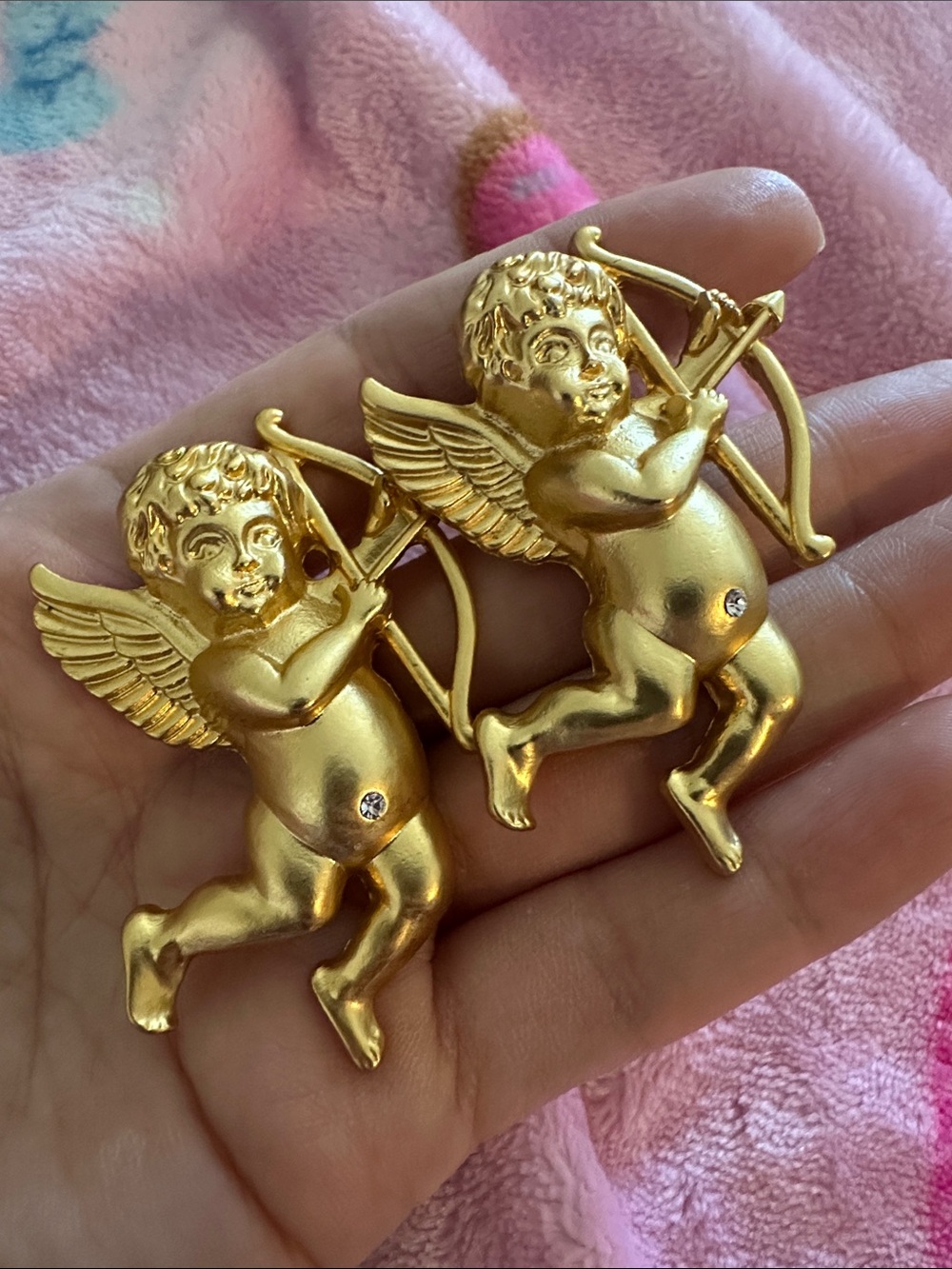 Baroque Cupid Angel Sculptural Statement Earrings in Gold Tone